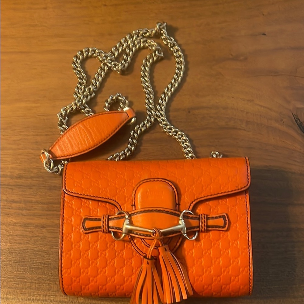 Gucci Orange Horsebit Wallet on Chain Bag with Gold Chain and Tassel